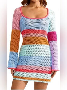 Colorblock Crochet Knit Mini Dress - Pastel Multi